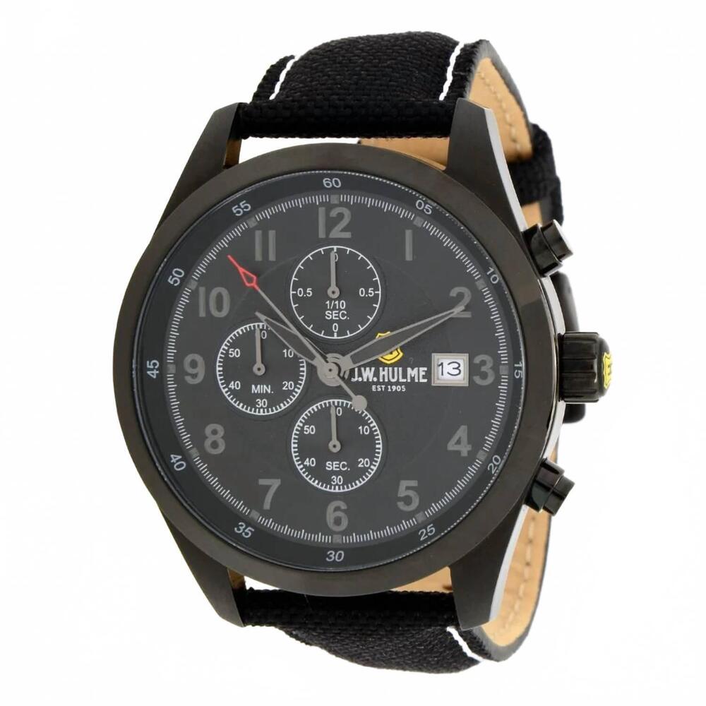 NEW J.W. HULME men's quartz chronograph nylon strap watch in black/black